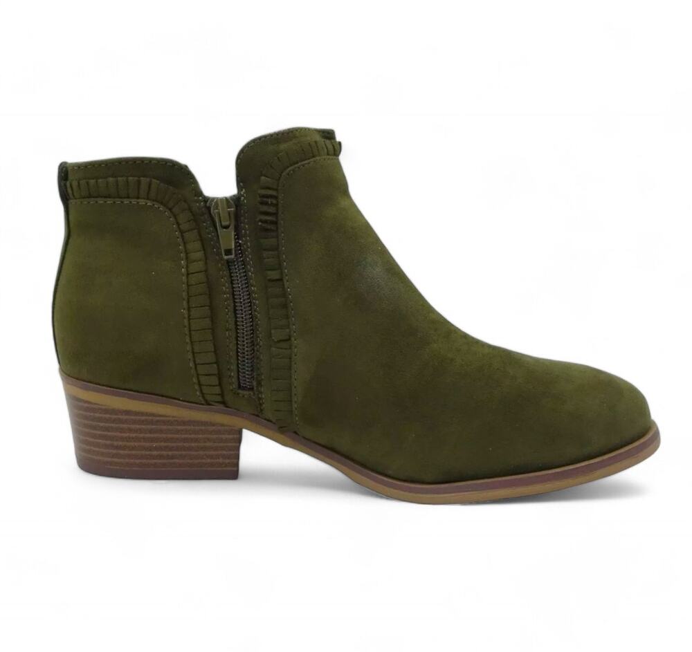 Mia Mable Ruffle Ankle Bootie Block Heel Faux Leather Olive Womens Size US 7.5W